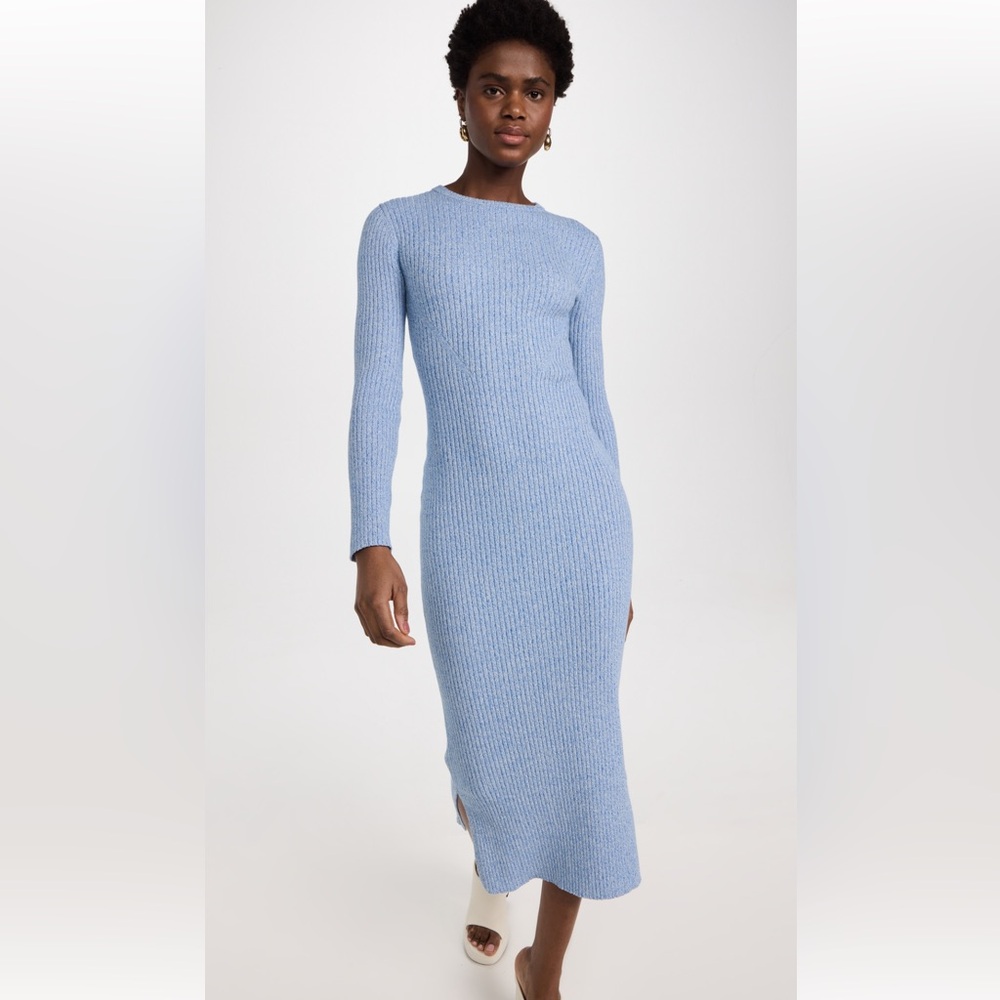 Monrow Blue Ribbed Long Sleeve Crew Neck Dress